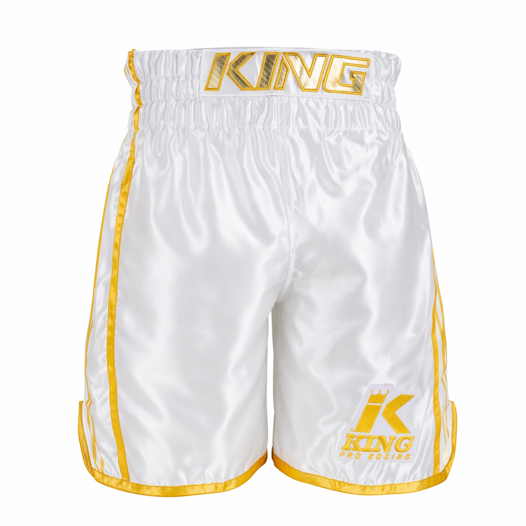 Pantaloncini pugilato King Pro Boxing XK Series bianchi in raso lucido di alta qualità