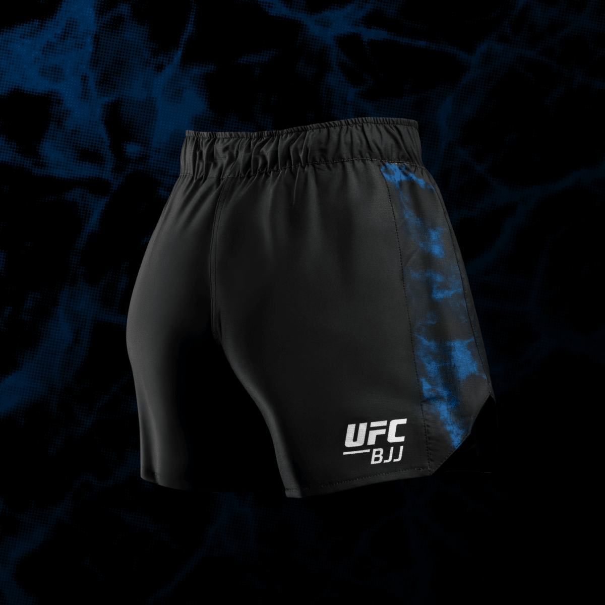 Vista trasera del pantalón corto UFC BJJ para mujer negro/azul, corte optimizado para No-Gi y Jiu-Jitsu