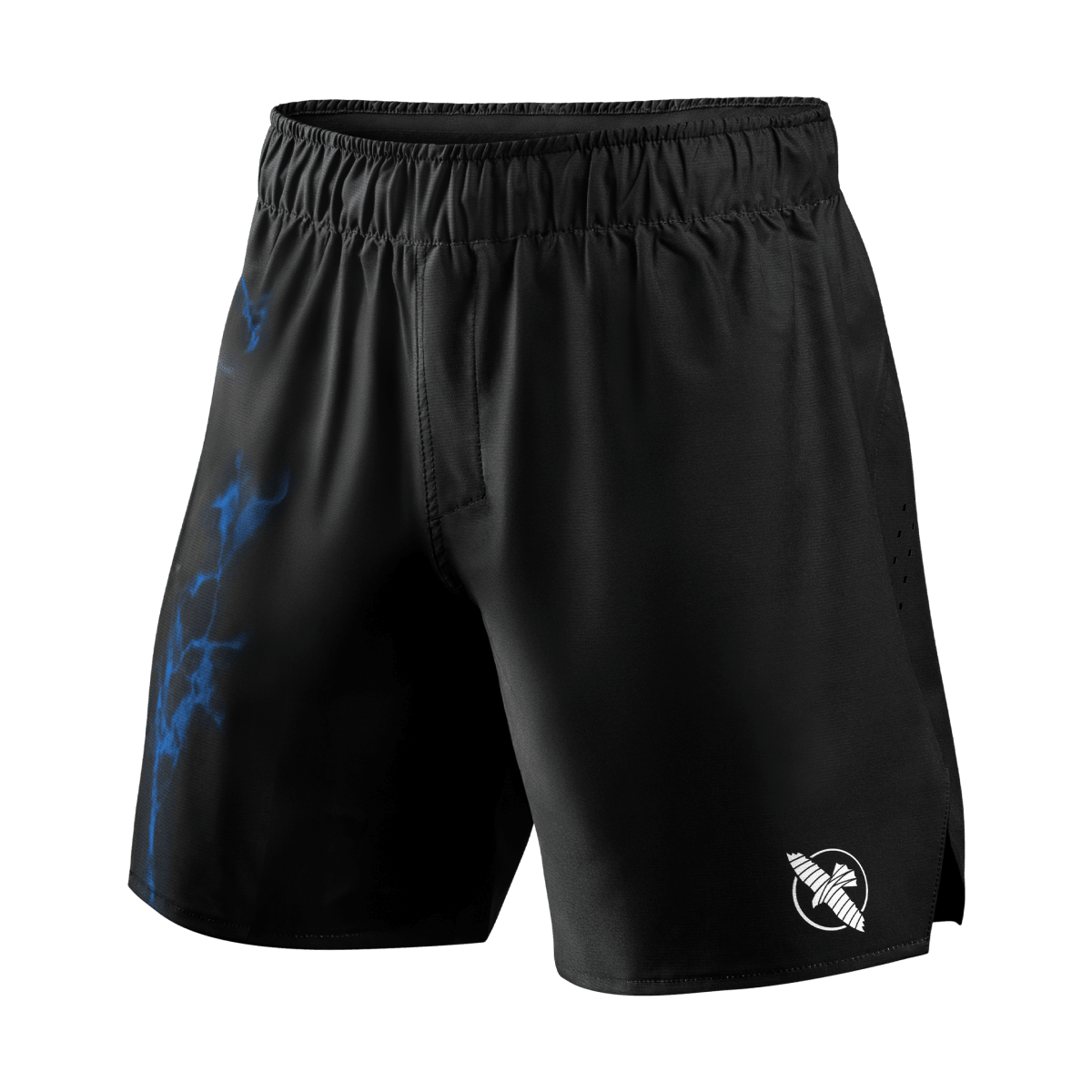 Vorderansicht der offiziellen UFC BJJ Grappling-Shorts in Schwarz mit blauen Details und Kordelzugverschluss