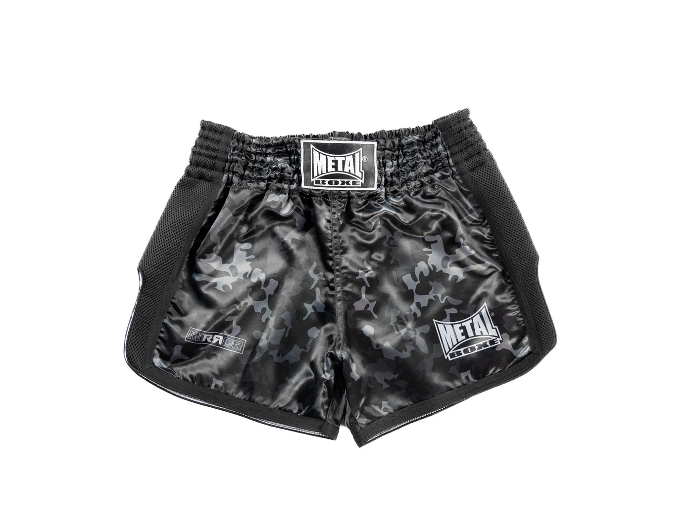 Vista frontale principale pantaloncini Kickboxing Metal Boxe Mirror neri taglio corto