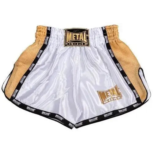 Vista frontale principale pantaloncini Kickboxing donna Metal Boxe Extrem bianco oro