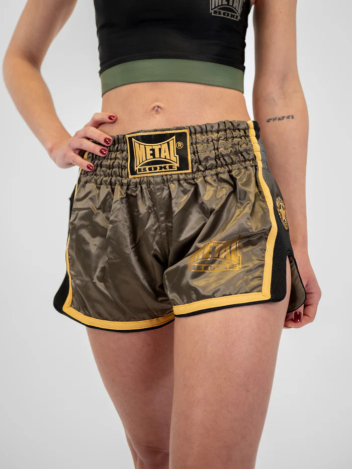 Vista frontale pantaloncini Kickboxing donna Metal Boxe Extrem verde militare