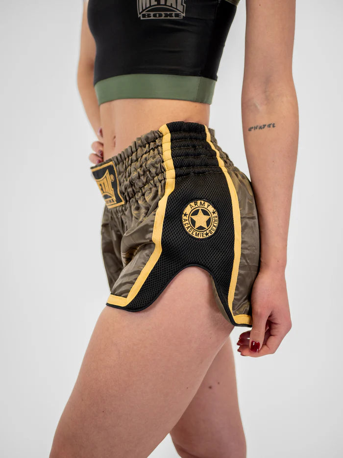 Vista laterale pantaloncini donna Metal Boxe Extrem verde militare design tecnico