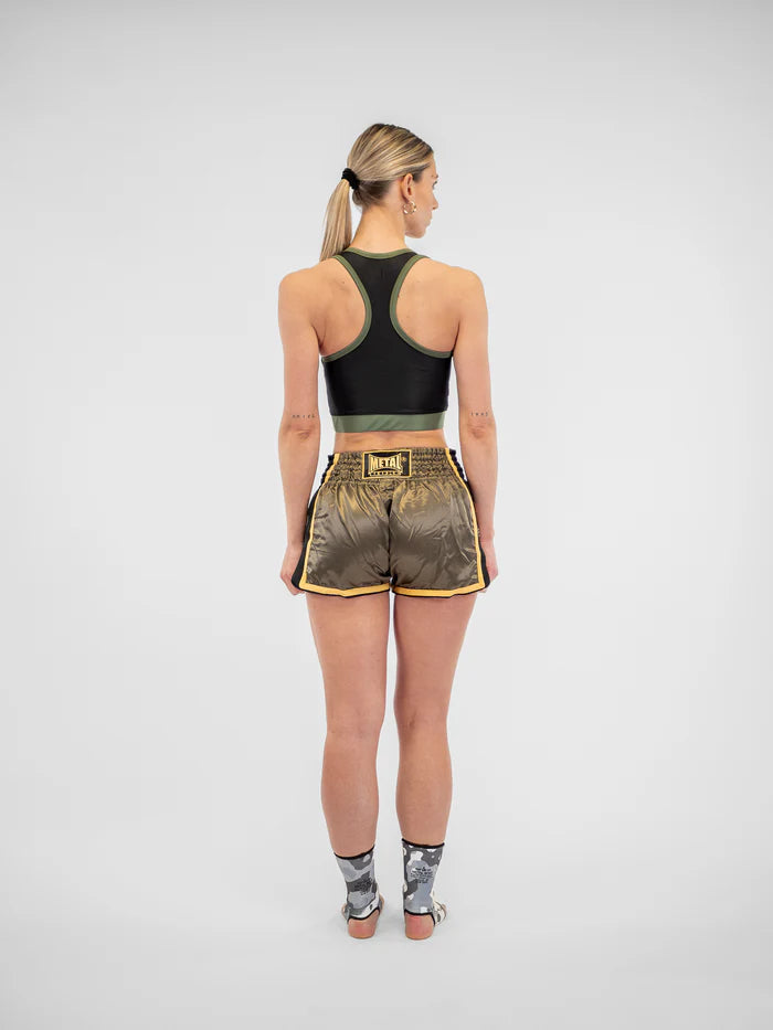 Vista posteriore pantaloncini Muay Thai donna Metal Boxe Extrem verde militare elastico vita