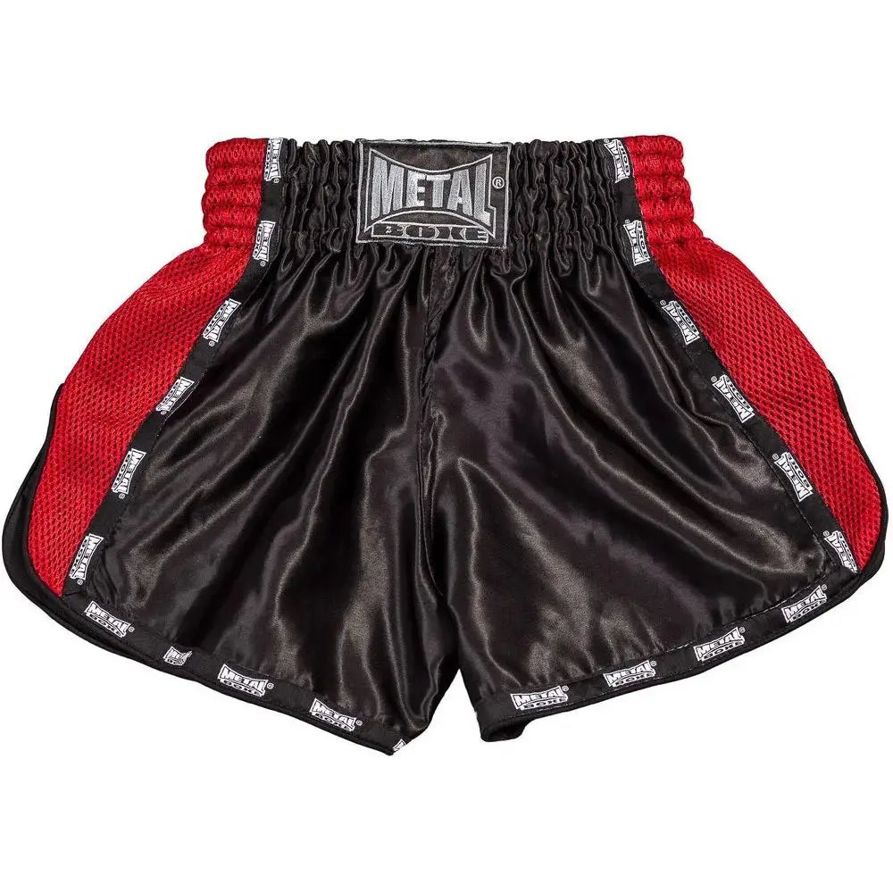 Vista frontale pantaloncini Kickboxing uomo Metal Boxe Extrem nero rosso per sparring