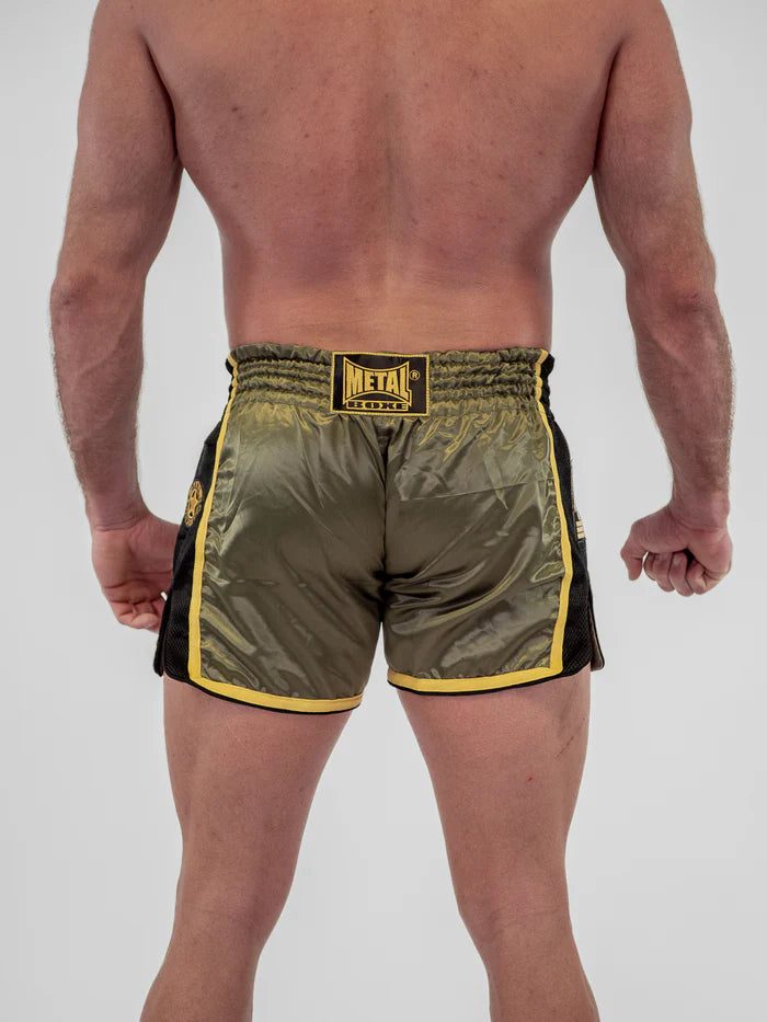 Vista posteriore pantaloncini Muay Thai uomo Metal Boxe Extrem verde militare alta resistenza