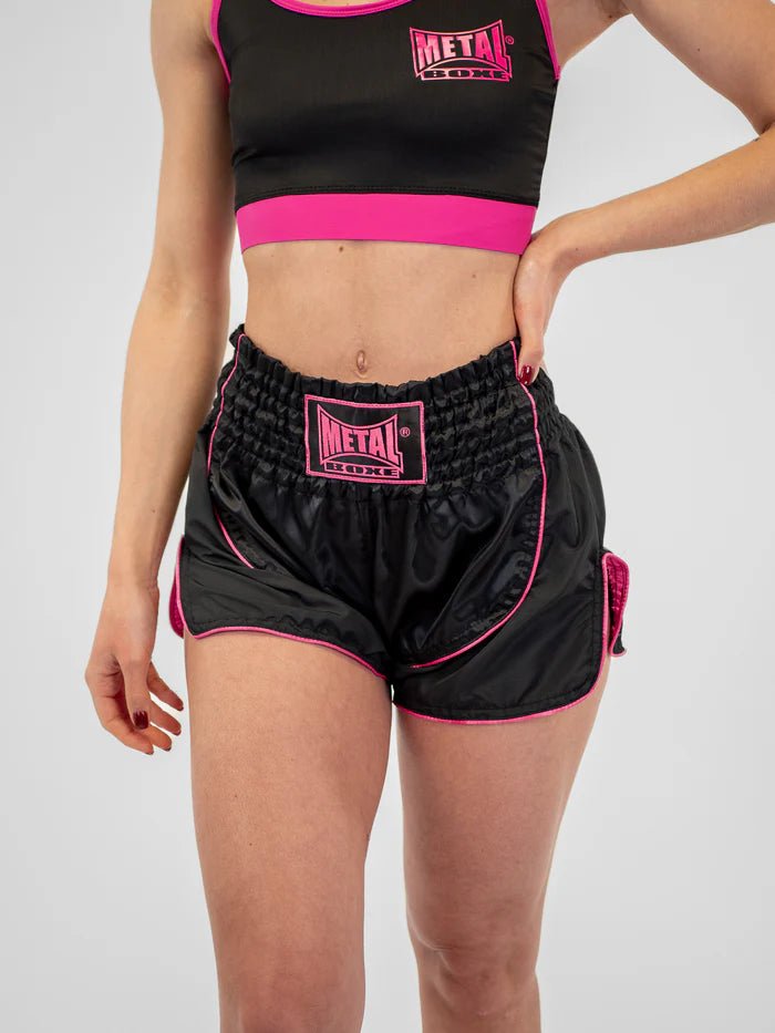 Huvudvy framifrån Muay Thai shorts kvinnor Metal Boxning Siam svart lila
