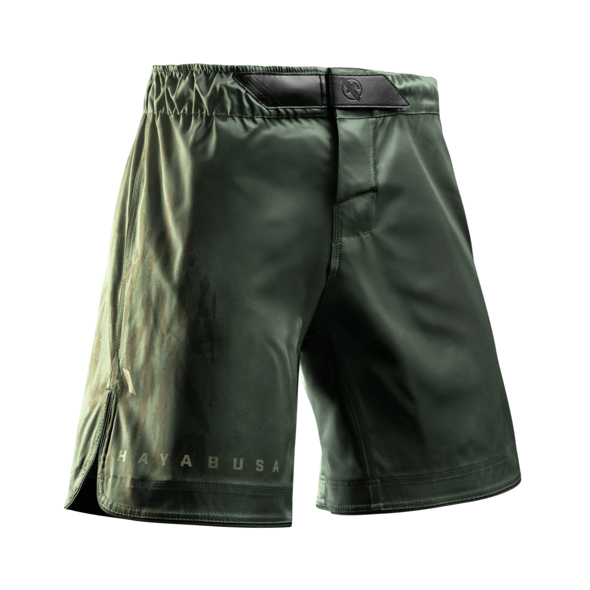 Vooraanzicht van de groene Hayabusa Apex MMA-shorts met volledige lengte, dubbel beveiligde trekkoordsluiting