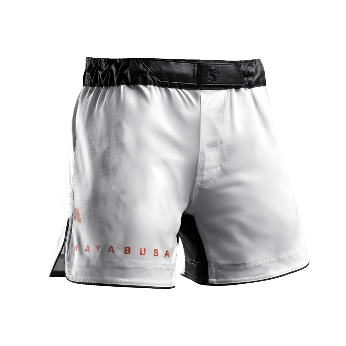 Vedere frontală a pantalonilor scurti albi de MMA Hayabusa Apex Mid-Thigh, cu închidere prin clic