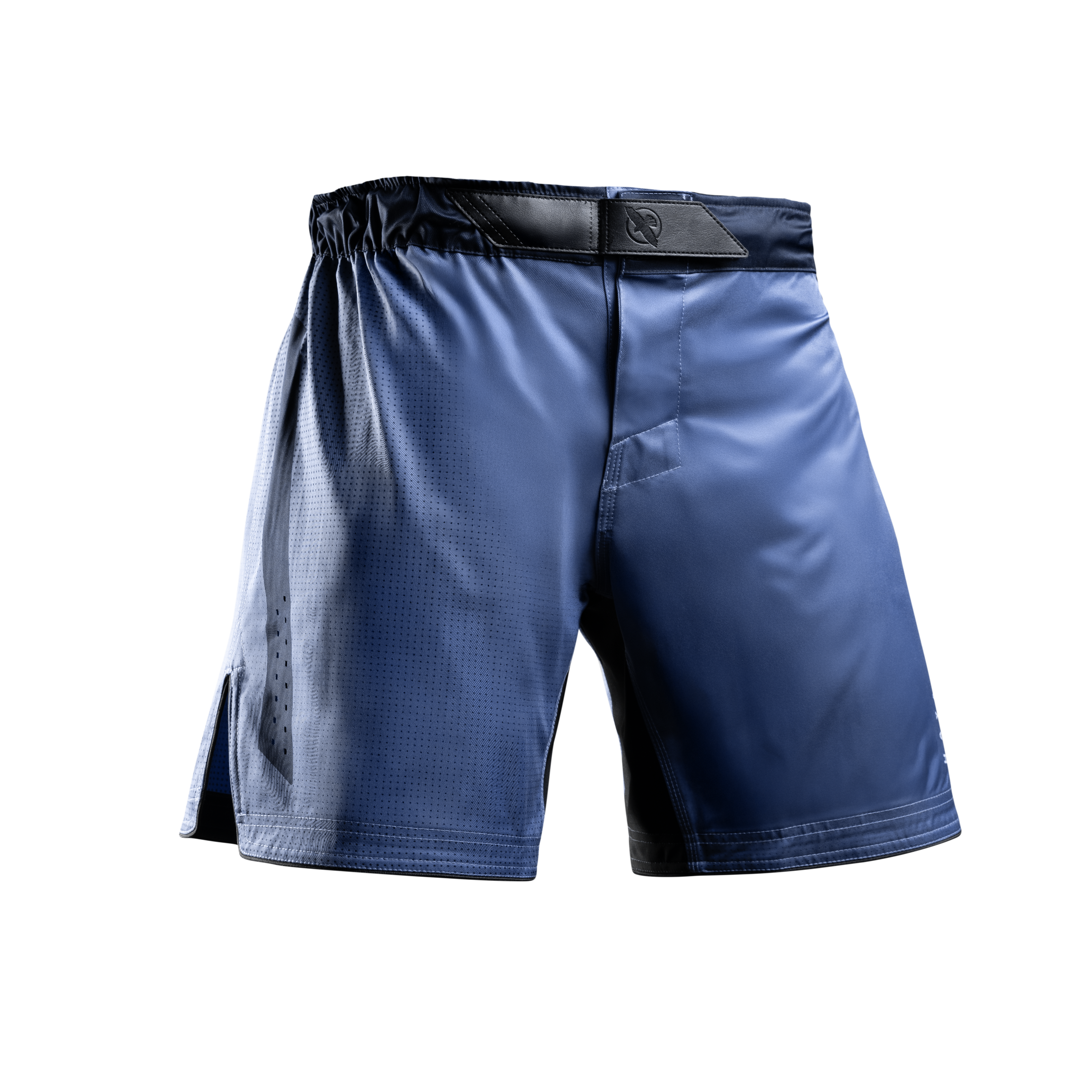 Vista frontale dei pantaloncini MMA Hayabusa Core Mid-Thigh blu con chiusura a incastro