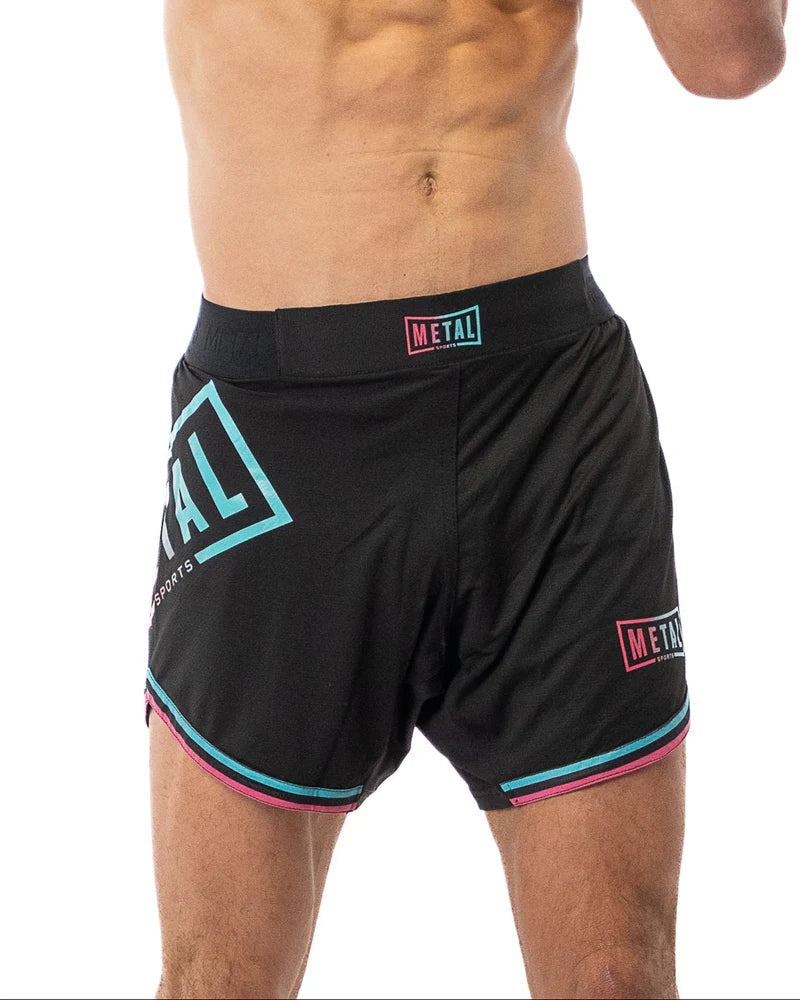 Vista frontale principale pantaloncini MMA e Kick Metal Boxe Miami Vibe design tecnico colorato