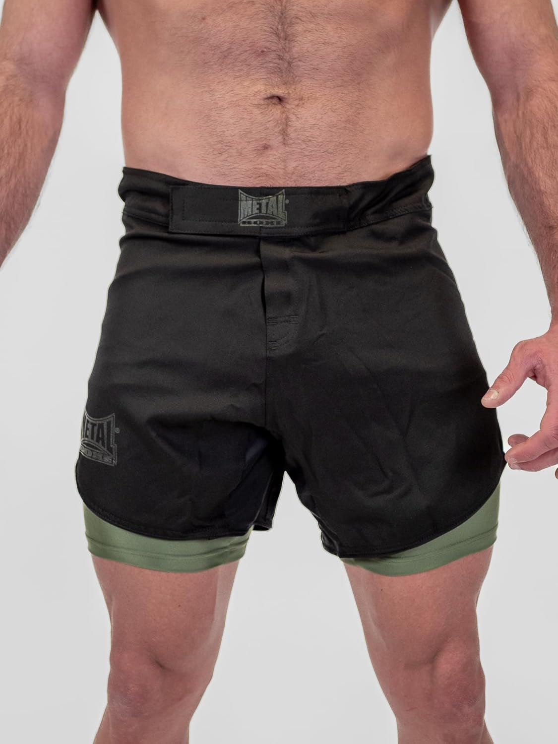 Vista frontale principale pantaloncini MMA Metal Boxe Dual verde militare