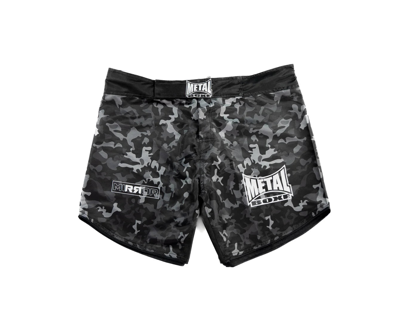 Vista frontale principale pantaloncini MMA Metal Boxe Mirror nero lucido effetto specchio