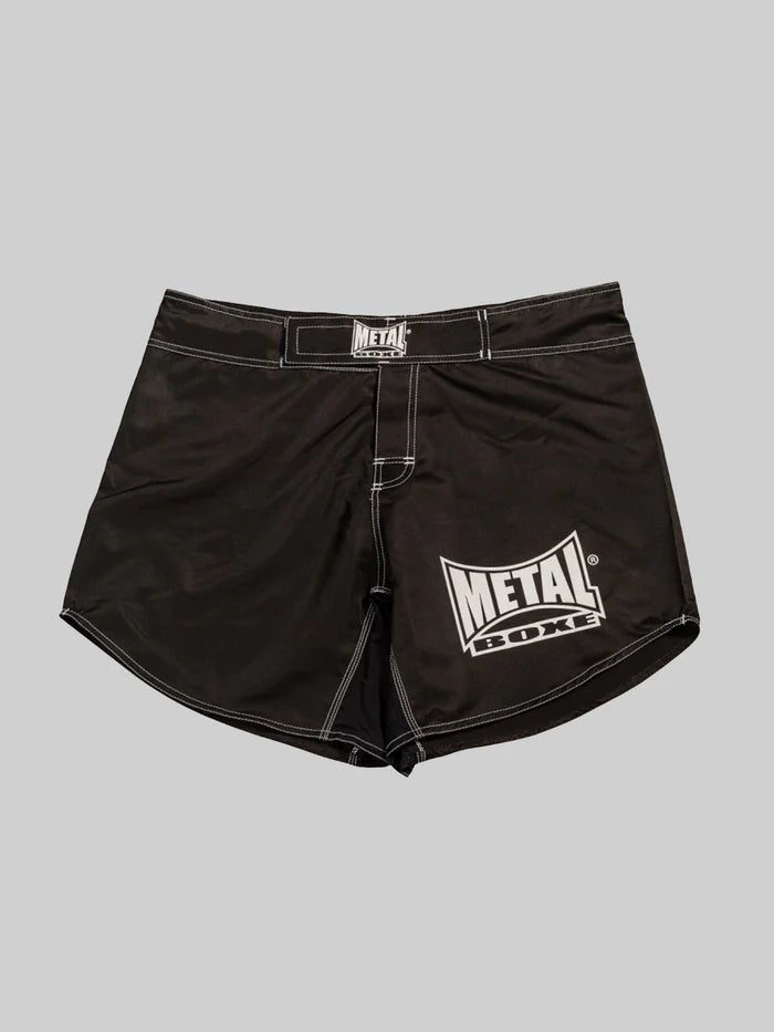 Vista frontal pantalón corto MMA Metal Boxing Short Cut negro en poliéster ligero