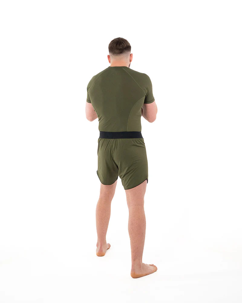 Vista posteriore pantaloncini MMA Metal Boxe verde oliva tessuto tecnico traspirante