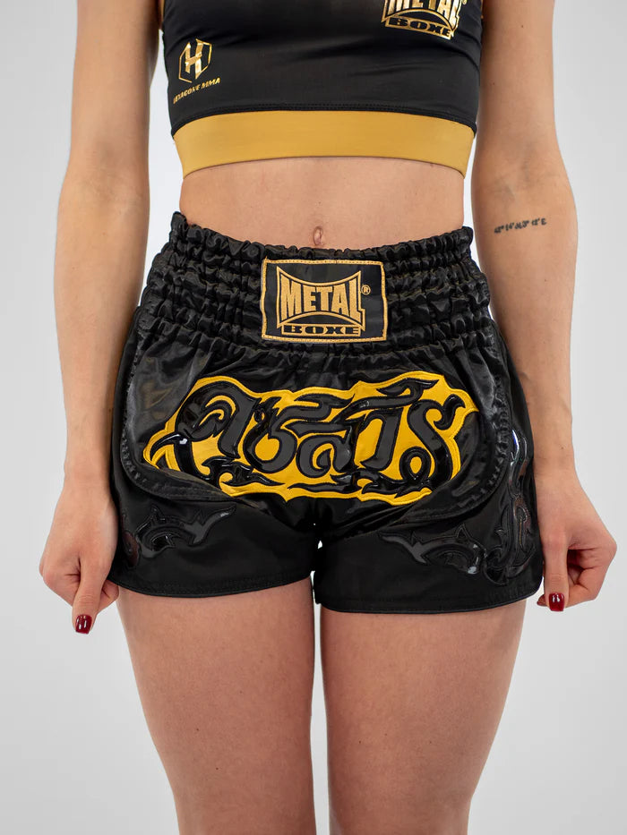 Vista frontale principale pantaloncini Muay Thai donna Metal Boxe Lumpinee nero