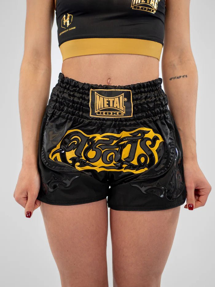 Vista Frontal Principal Shorts Muay Thai Mujer Metal Boxing Lumpinee Negro