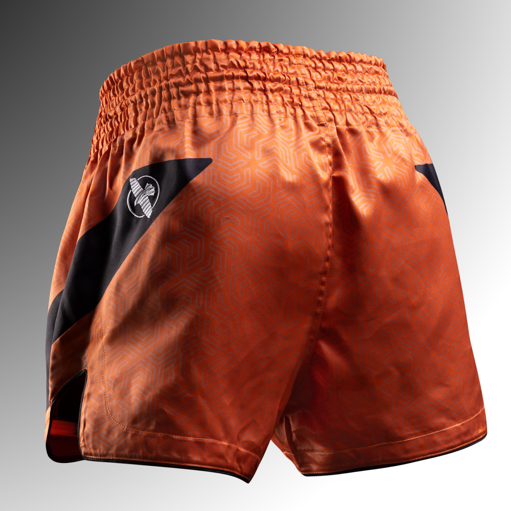 Retro dei pantaloncini Muay Thai Hayabusa Core arancioni con fascia elastica in vita