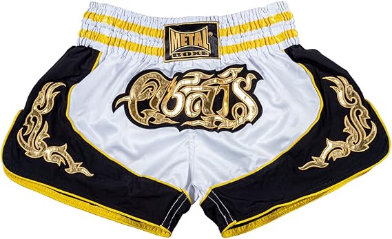 Vista frontale pantaloncini Muay Thai unisex Metal Boxe Lumpinee bianco