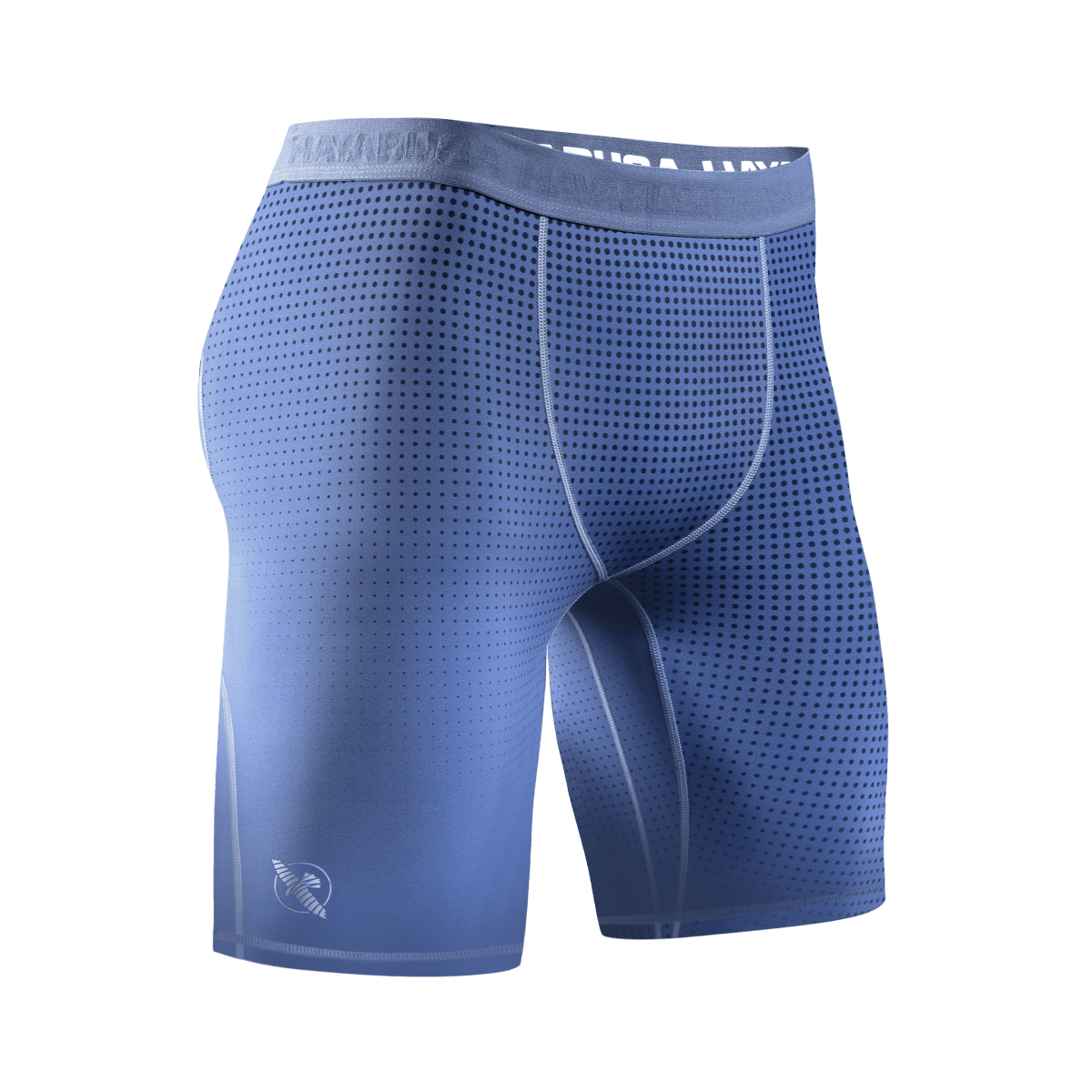 Vedere frontală a pantalonilor scurți albaștri Vale Tudo Hayabusa Core, talie cu prindere din silicon