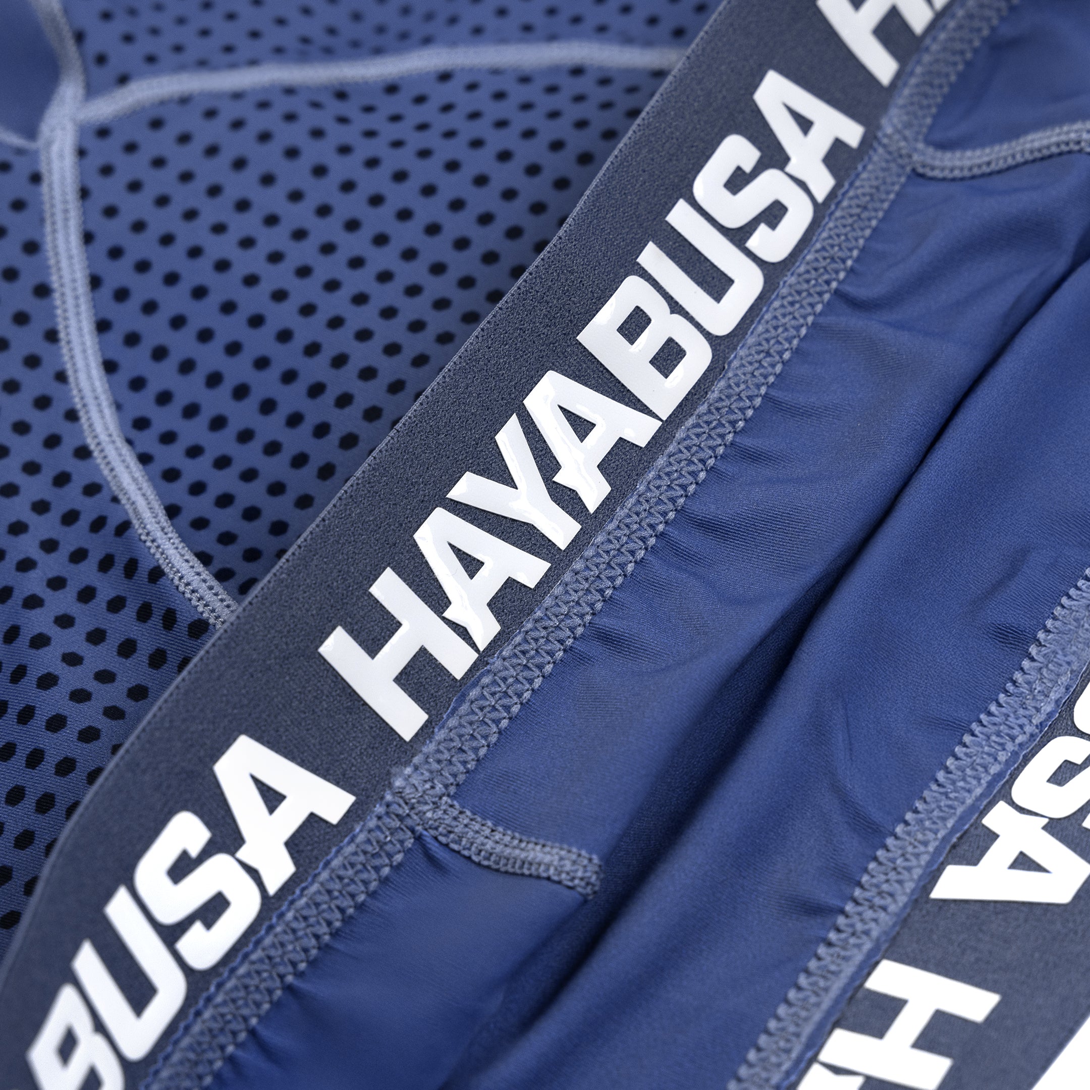 Primo piano della scritta Hayabusa sulla gamba dei pantaloncini da grappling blu