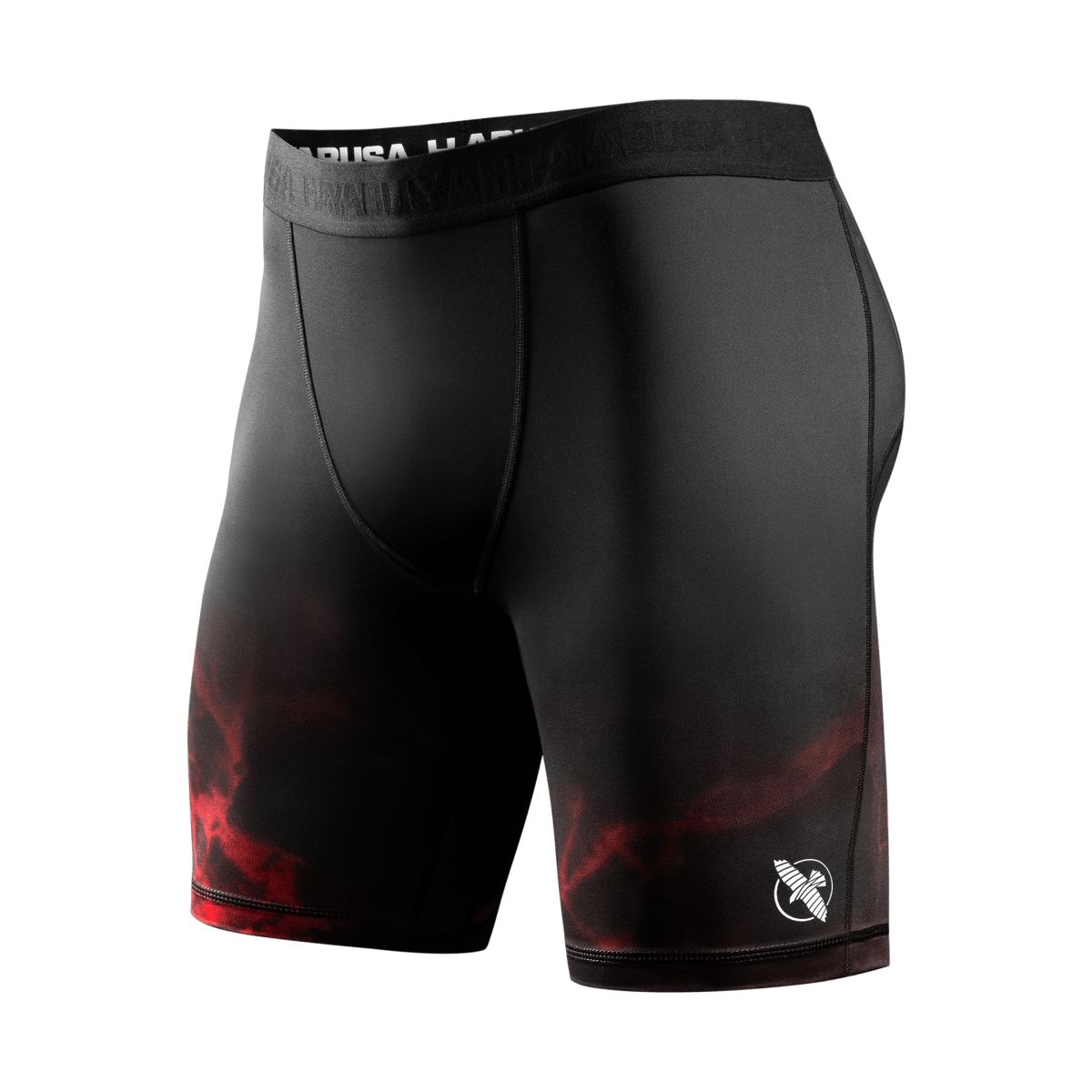 Vista frontal do short oficial de Jiu-Jitsu Vale Tudo UFC em preto com detalhes em vermelho, ajuste de compressão