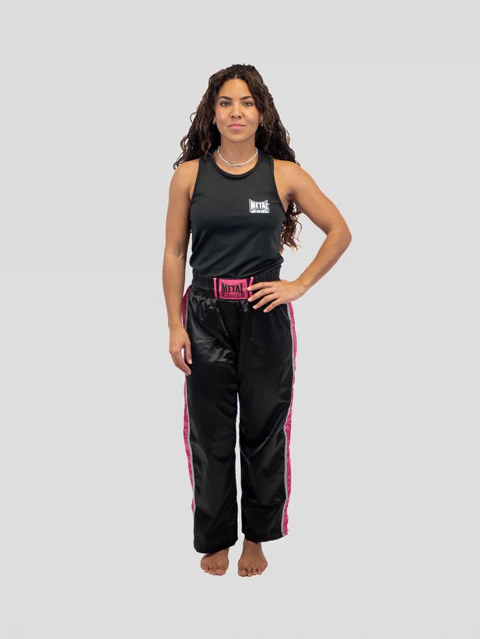 Vedere frontală principală Full Contact Metal Boxe pantaloni negri fucsia din satin strălucitor