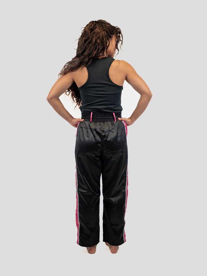 Vista traseira Calça de boxe Full Contact Metal, preto fúcsia, cós elástico