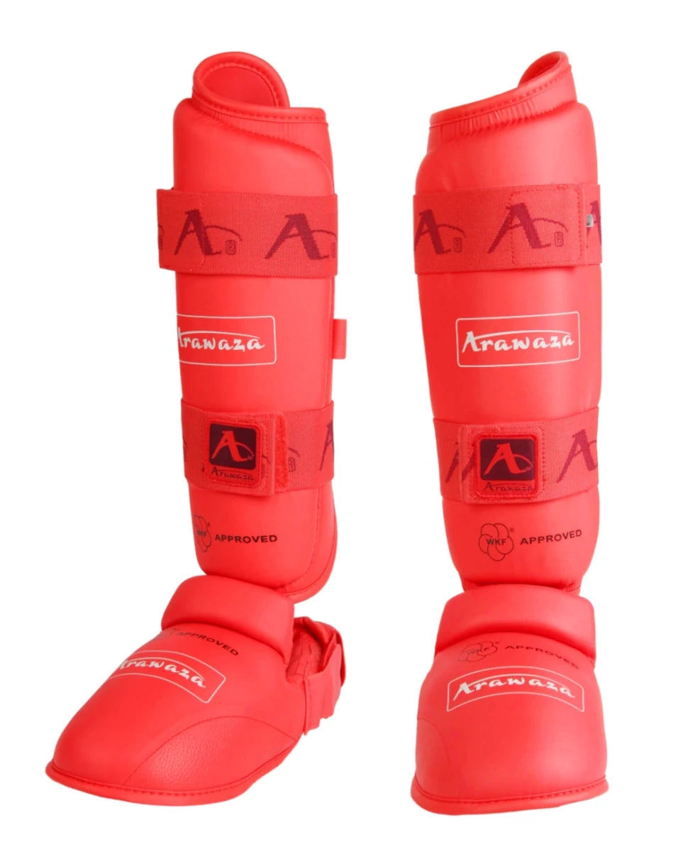 Karate Arawaza WKF protège-tibia rouge pour enfants et adultes protection complète