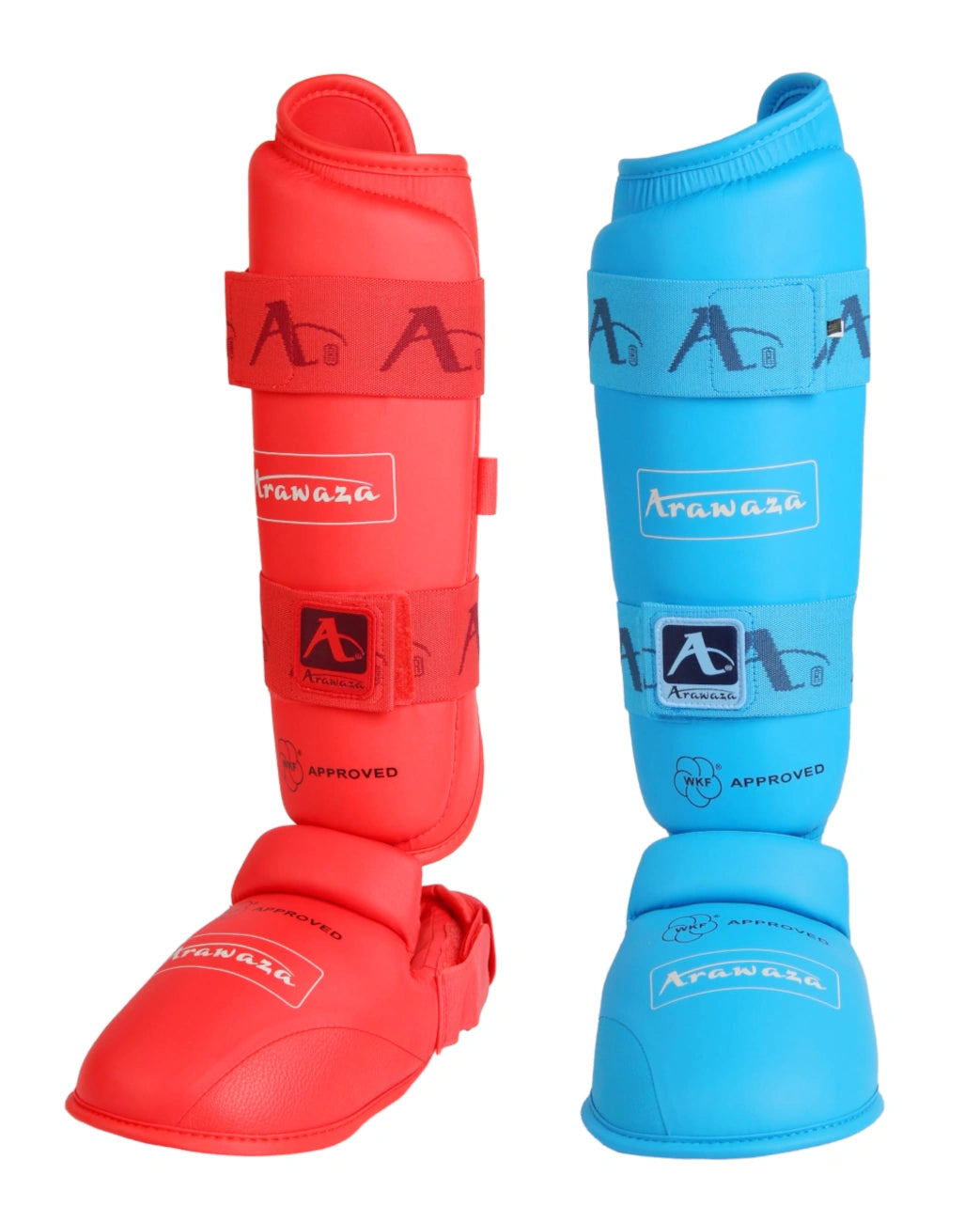 Coppia di paratibia Karate Arawaza WKF Approved nei colori ufficiali rosso e blu