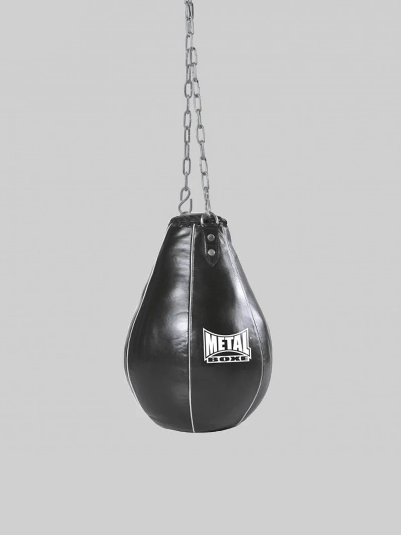 Widok z przodu gruszki bokserskiej Metal Boxing Corn Pear z czarnej skóry, przeznaczonej do treningu haków i górnych partii ciała