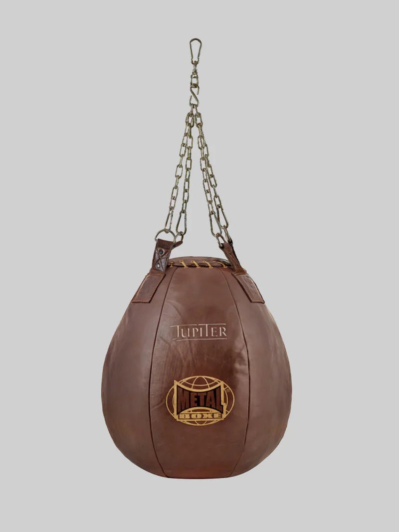 Duża gruszka bokserska Metal Boxing Jupiter wykonana z wysokiej jakości brązowej skóry bawolej, idealna na haczyki i podbrzusze