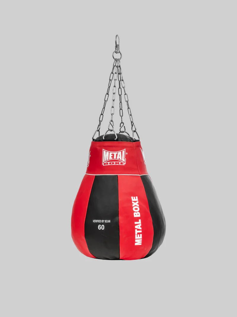 Widok z przodu gruszki górnej Metal Boxing Club Line w kolorze czerwonym i czarnym, idealnej do haczyków i górnych części