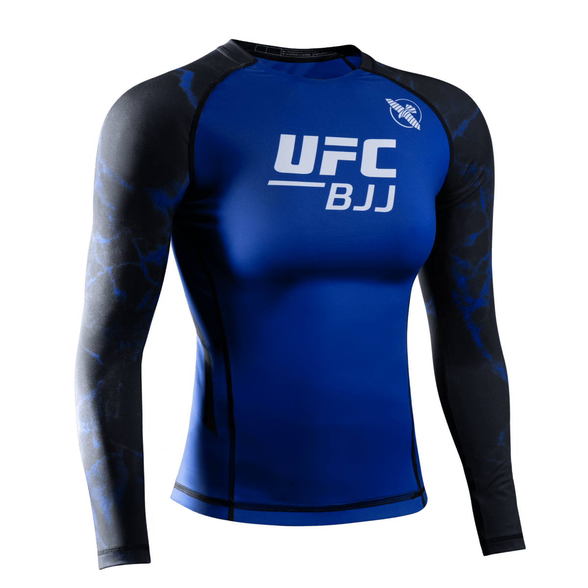 Vista frontal de la lycra de manga larga UFC BJJ para mujer en negro con detalles en azul, ideal para lucha competitiva