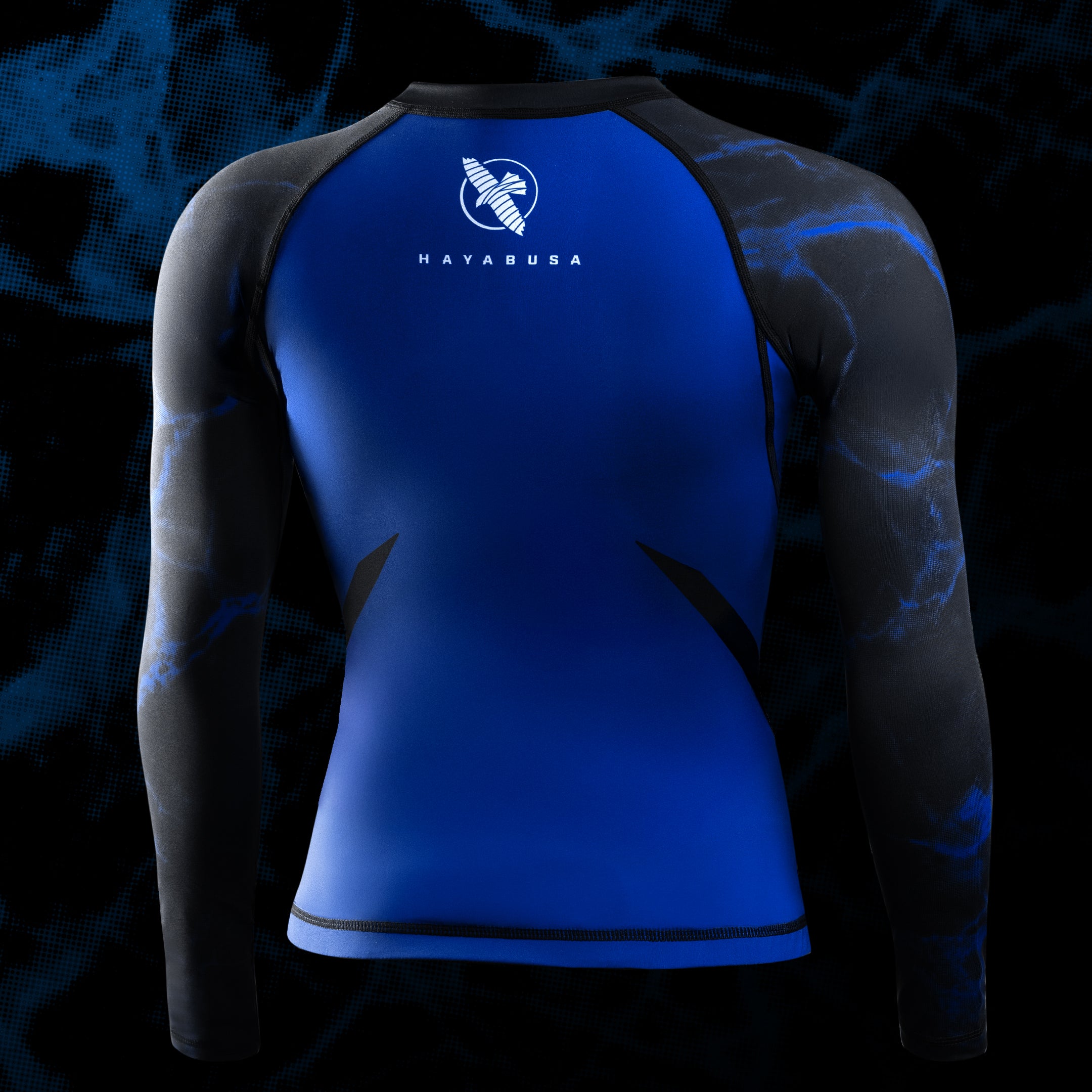 Vista posteriore della rash guard UFC BJJ donna nero/blu, tessuto stretch a quattro vie ad asciugatura rapida