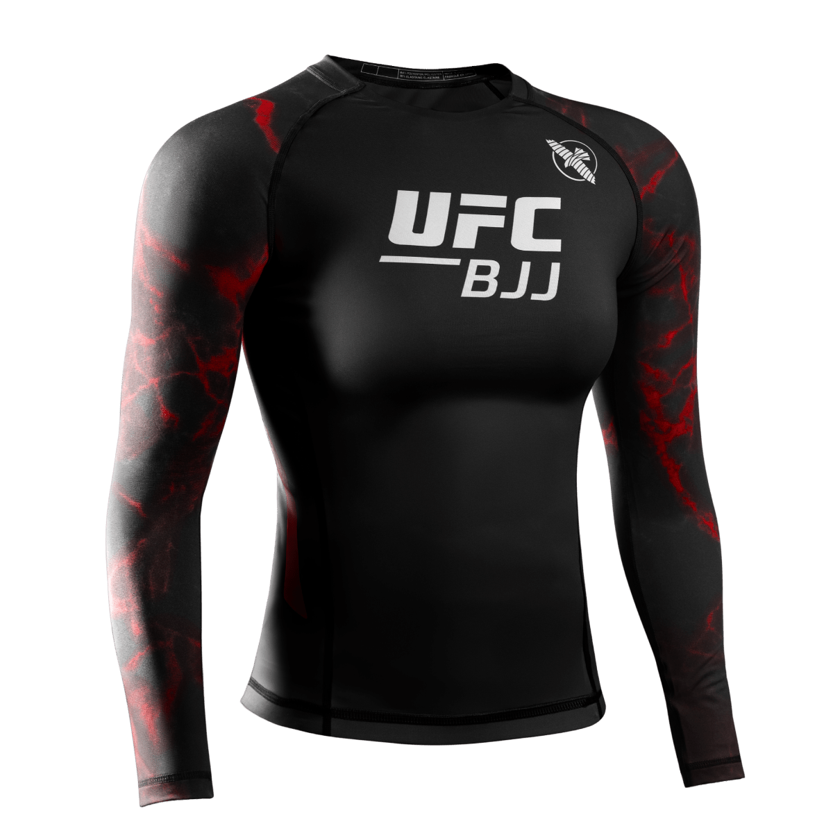 Vedere frontală a protecției cu mânecă lungă UFC BJJ pentru femei în negru cu detalii roșii, țesătură de compresie de 200 GSM