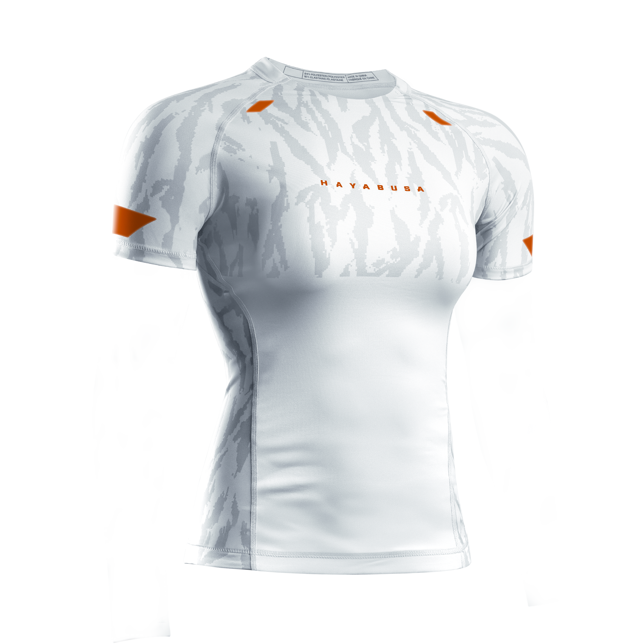 Vista frontale della rashguard donna Hayabusa Apex bianca a maniche corte, ideale per grappling e Jiu-Jitsu