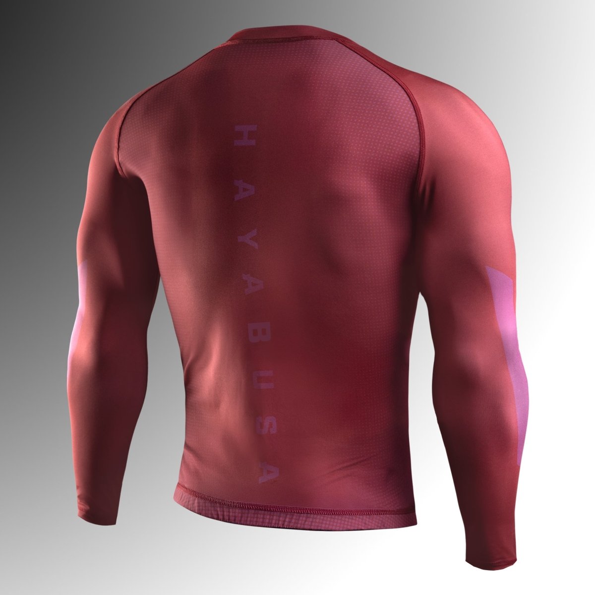Back view of the Hayabusa red rashguard, ultra-durable stitching for combat sports