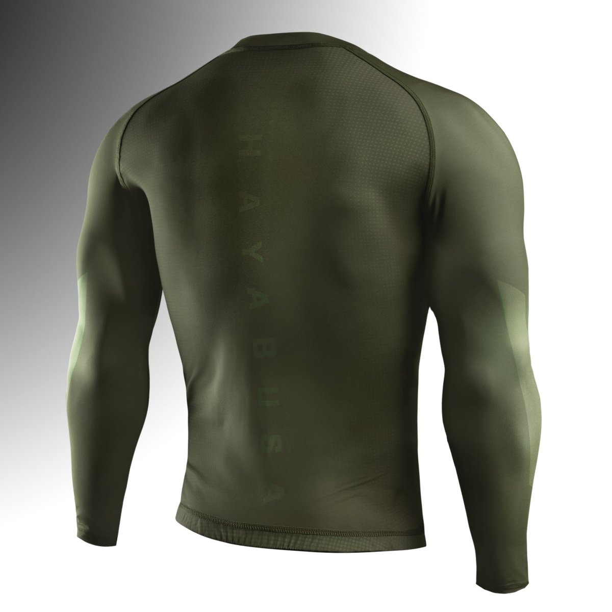 Rear view of the green Hayabusa rashguard, designed to keep your muscles warm and protected