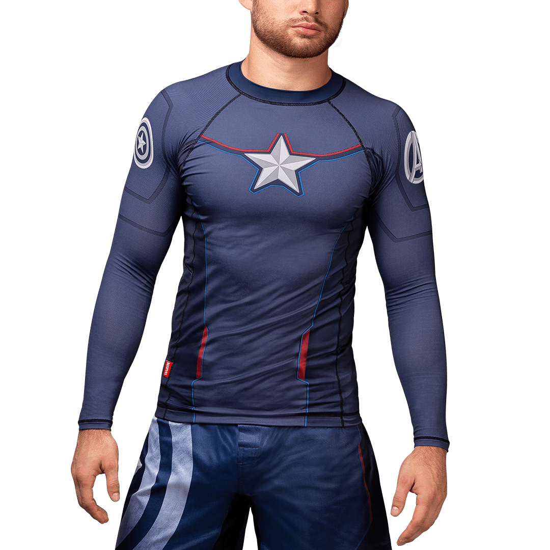Vista frontal do rashguard de manga comprida Hayabusa Marvel Capitão América com design de estrela