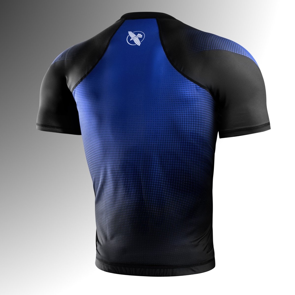 Vue arrière du rashguard bleu Hayabusa Pro Ranked à manches courtes, coutures flatlock renforcées