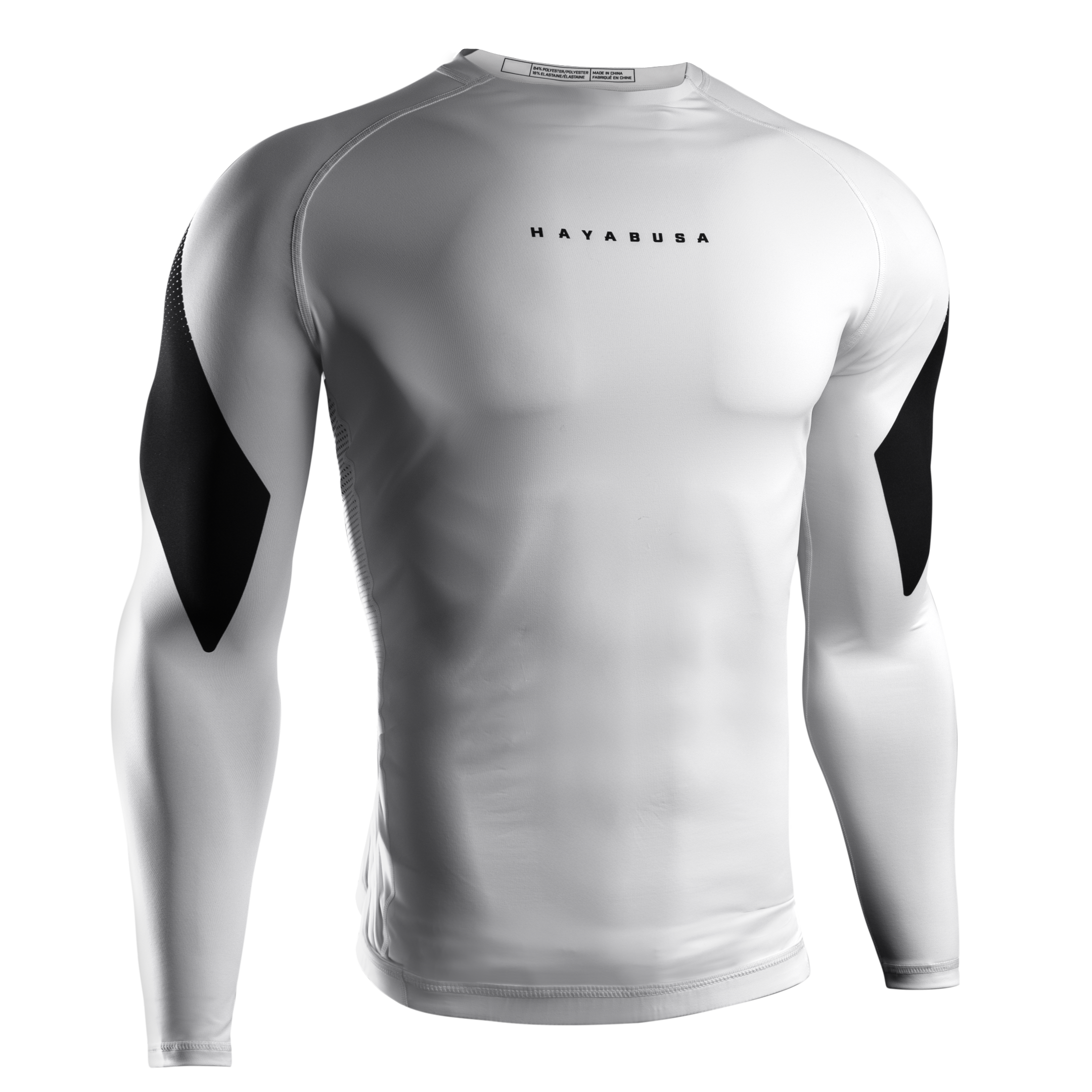 Vista frontale della rashguard Hayabusa Pro Ranked bianca, design conforme IBJJF per cinture bianche