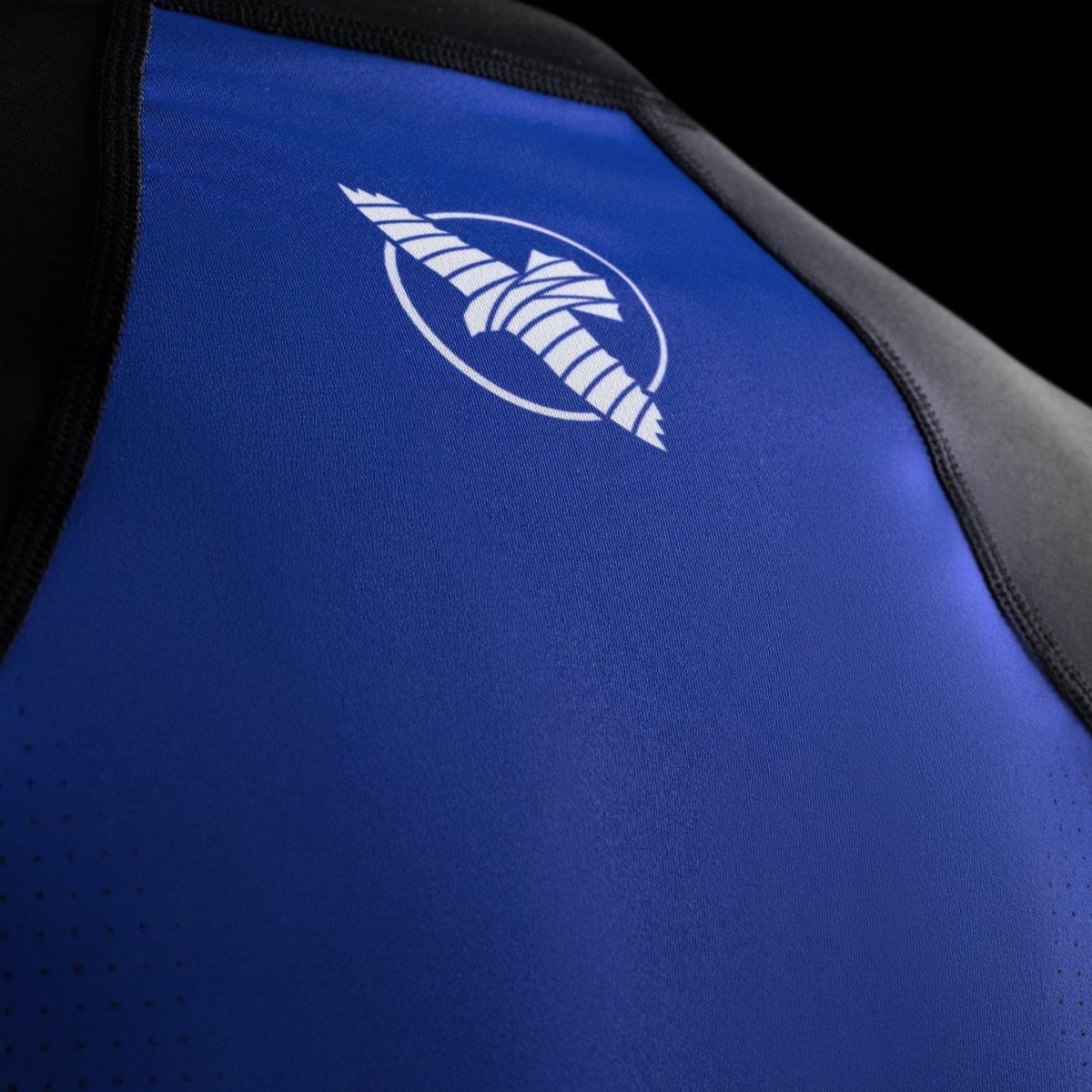 Detalhe de close-up dos gráficos e logotipo da Hayabusa no rashguard azul Pro Rating