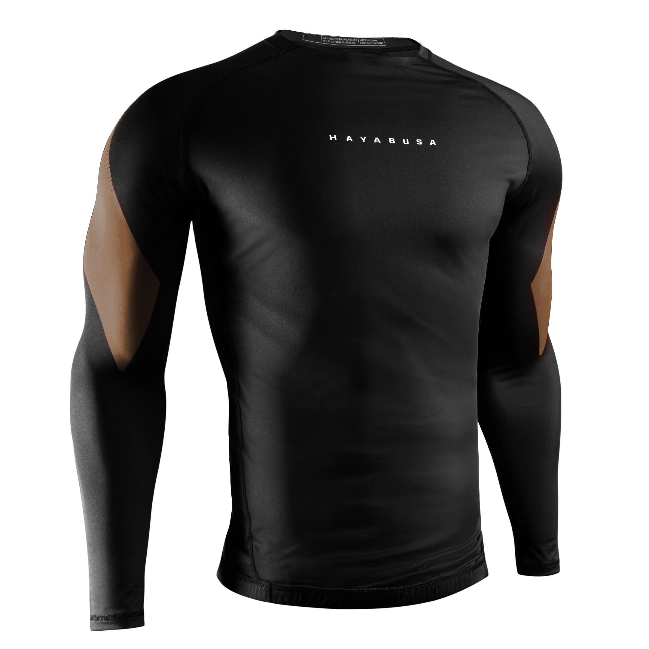 Vista frontale della rashguard Hayabusa Pro Ranked marrone, protezione professionale per cinture marroni