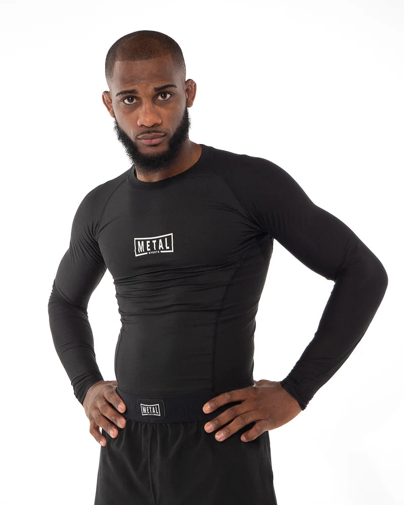 Vista frontale principale rashguard maniche lunghe Metal Boxe nera tessuto tecnico 170 gr