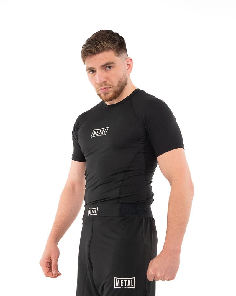 Hoofdvooraanzicht rashguard prestatie Metal Boxing zwarte technische stof 170 gr