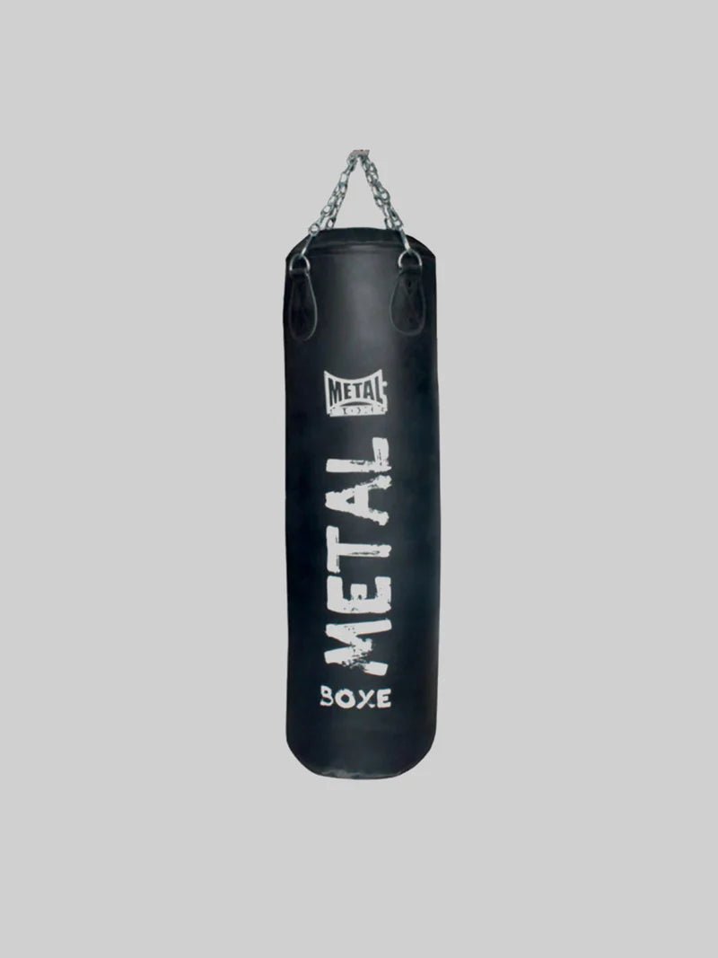 Vue de face du sac de boxe Metal Boxe Heracles 120cm 35kg en cuir de buffle noir