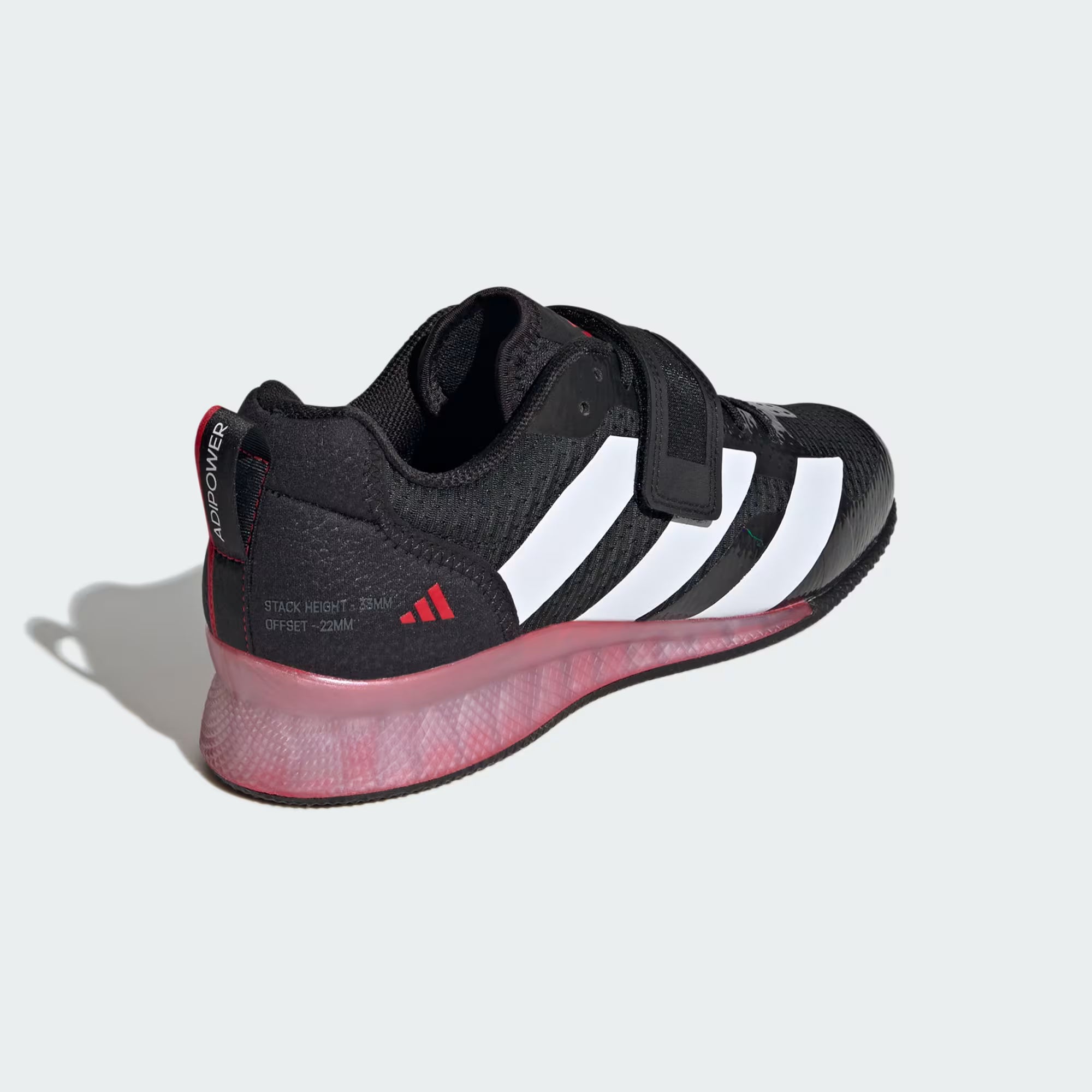 Vista laterale delle scarpe Adidas Adipower Weightlifting 3 che evidenzia il tallone rialzato di 22 mm