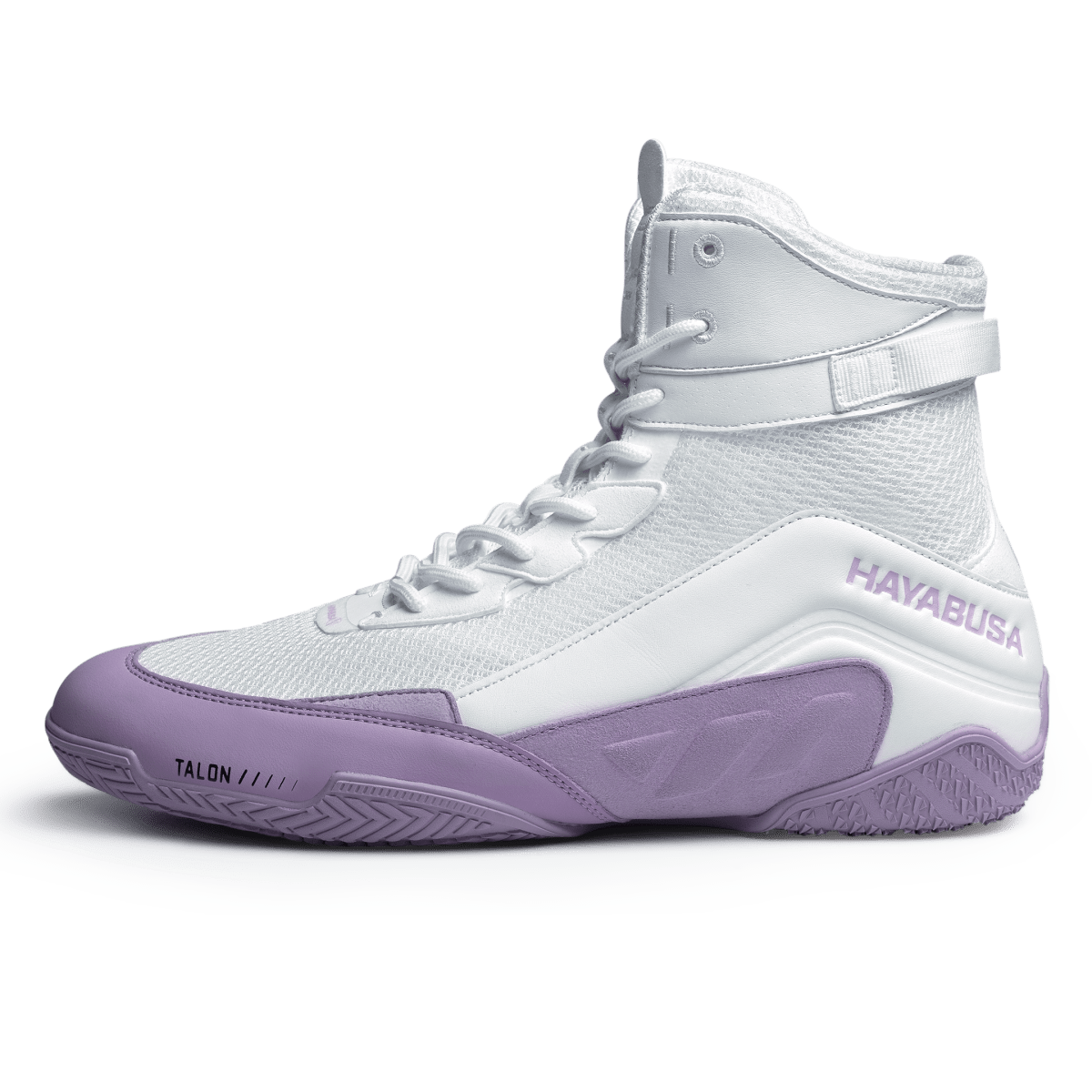 Detail of the microfiber leather and mesh materials of the lavender white Hayabusa Talon shoes