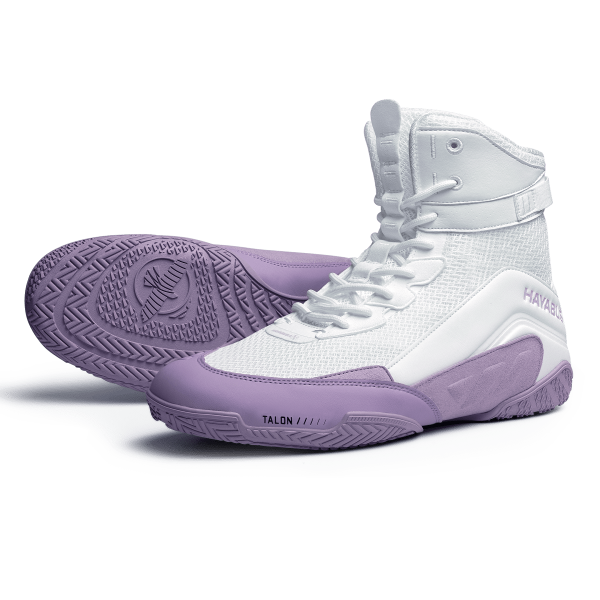 White and lavender Hayabusa Talon boxing shoes seen from the front in close-up